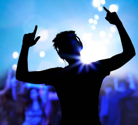 Cheering disco DJ performing with arm raised at concert music festival